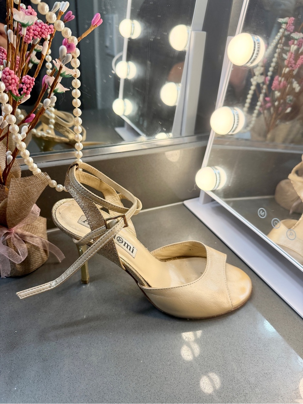 Champagne and Gold Peep-Toe Open-Back Heels for Tango Dancing by Alagalomi